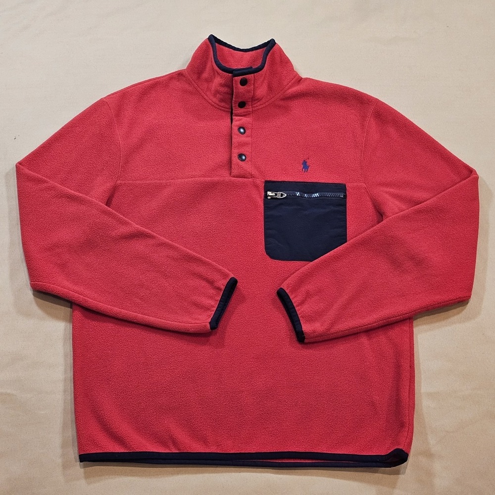 Polo Ralph Lauren Red Fleece Mens S Sweater Mockneck Pullover 1/4 Snap Pockets
